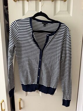 Ann Taylor Navy and White Striped Button-Front Cardigan